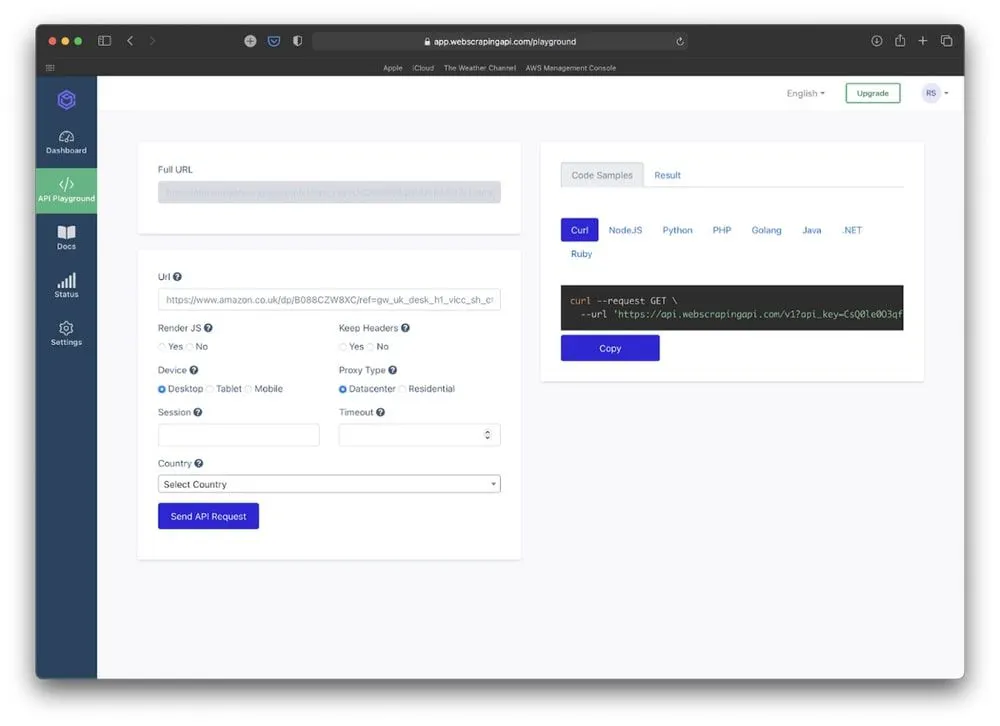 WebScrapingAPI API Playground form with request options and a curl code sample panel