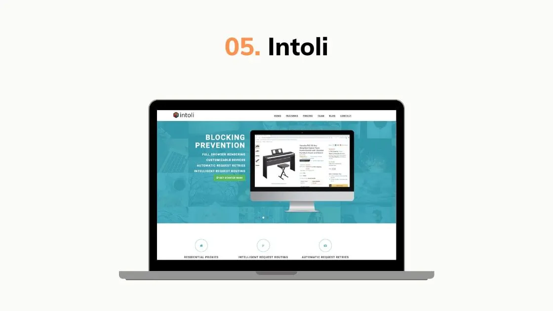 Intoli website screenshot on a laptop advertising blocking prevention and browser rendering