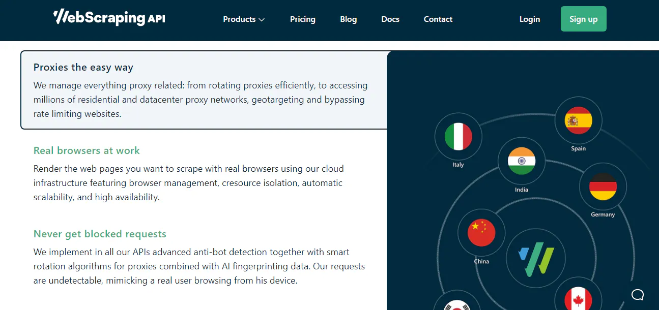 WebScrapingAPI homepage section showing product use cases and a world map with country markers
