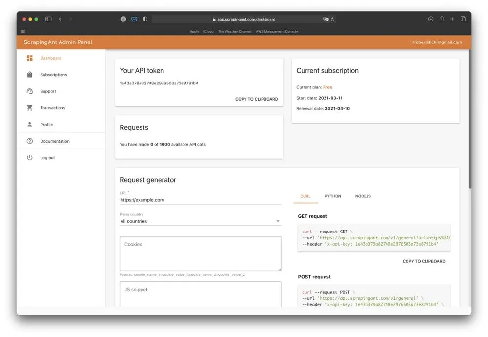 ScrapingAnt admin dashboard showing API token, subscription details, and a request generator with curl examples