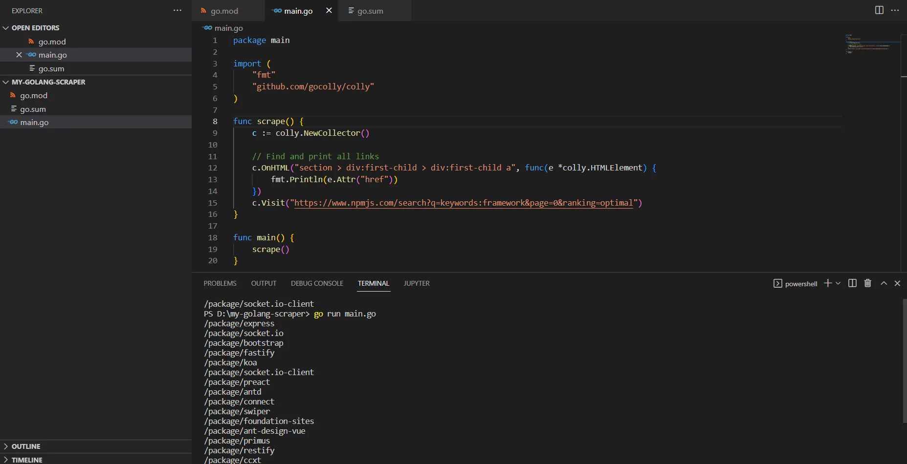 VS Code showing a Go web scraper using Colly with terminal output listing scraped npm package URLs