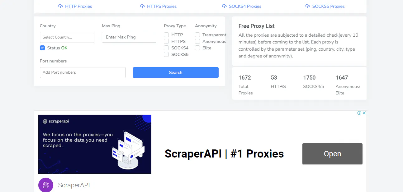 ProxyScan page screenshot with proxy filters, proxy counts, and an advertisement banner
