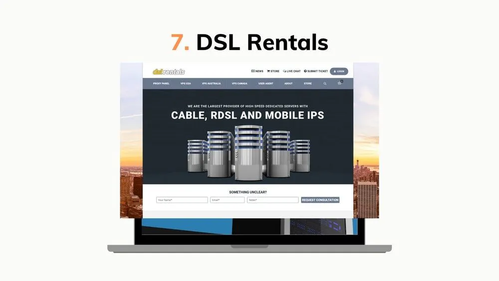 Graphic highlighting DSL Rentals, showing a laptop mockup with a website offering dedicated cable and mobile IPs