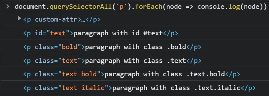 JavaScript console snippet using document.querySelectorAll('p') to log paragraph elements with various classes and IDs