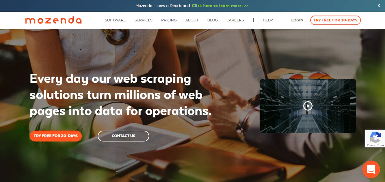 Mozenda landing page screenshot about web scraping solutions turning web pages into data