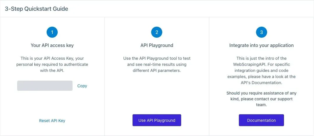 Three-step quickstart panel showing an API access key, an API playground, and an integration step