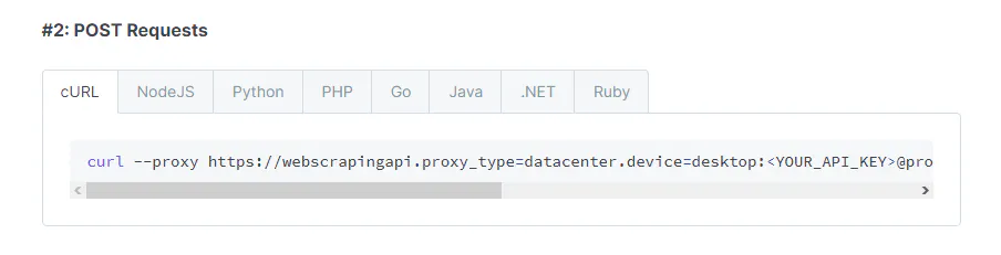 Documentation snippet showing a POST request example with code tabs for multiple languages