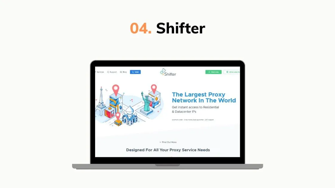 Graphic highlighting Shifter, showing a laptop mockup with a proxy network provider landing page
