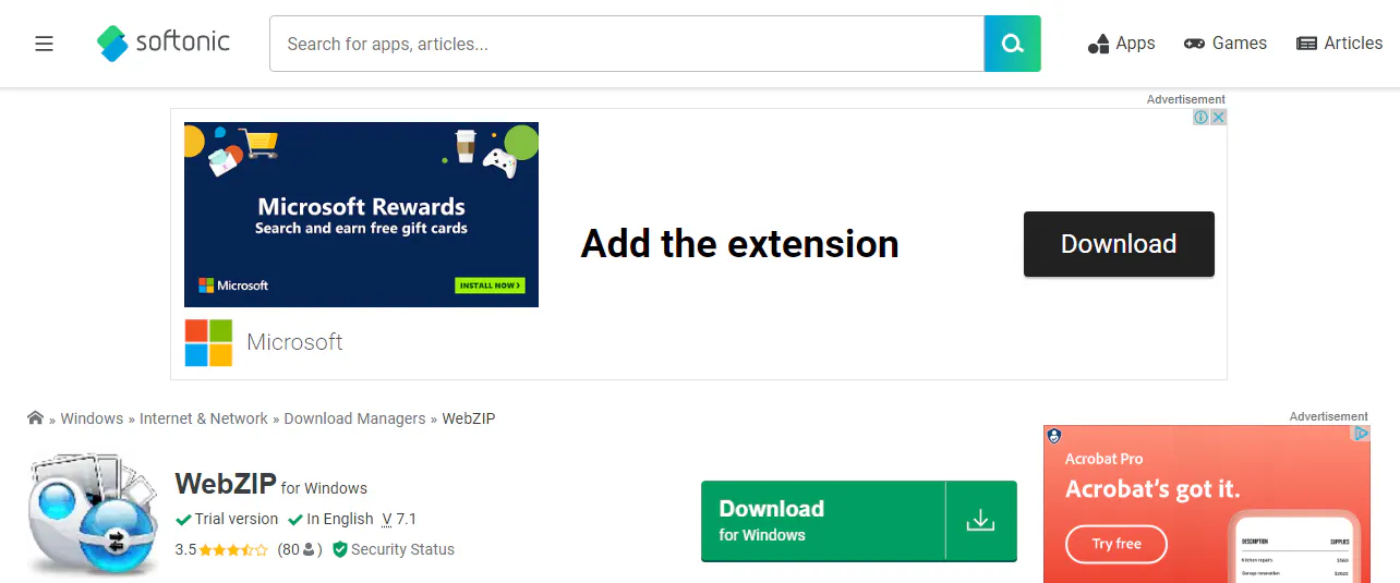 Softonic page for the WebZIP download manager with download buttons and advertisements