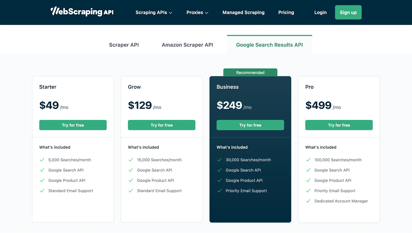 Pricing table for a Google search results API with Starter, Grow, Business (recommended), and Pro tiers and monthly prices