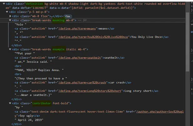 Browser developer tools showing HTML for a dictionary entry with meaning, example text, and contributor metadata