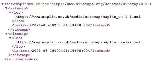 XML sitemap index listing sitemap URLs for maplin.co.uk with last modified timestamps