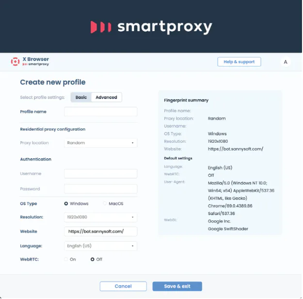 Smartproxy X Browser interface for creating a new browser profile with proxy settings and fingerprint summary