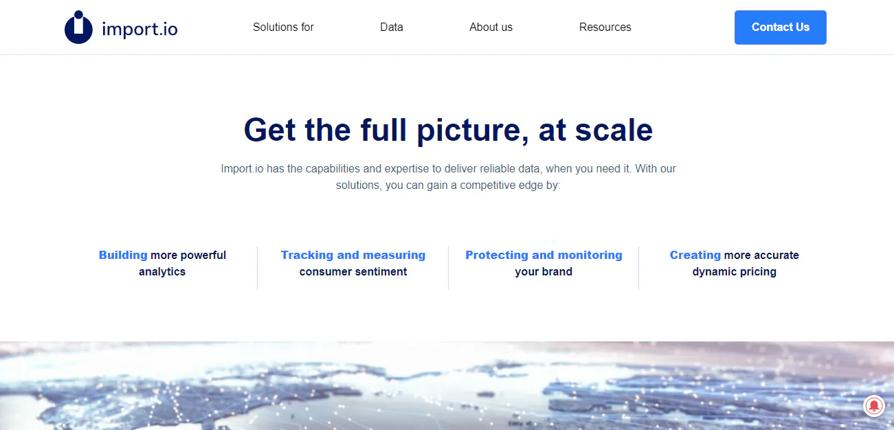 Import.io homepage section describing data solutions with a headline about getting the full picture at scale