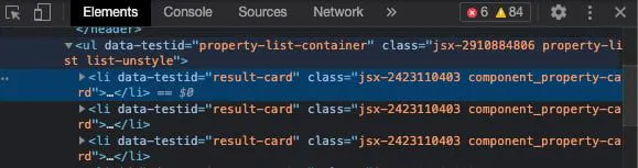 Chrome DevTools Elements panel highlighting HTML for property listing result cards