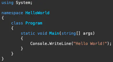 C# code snippet printing 'Hello World!' in a console application