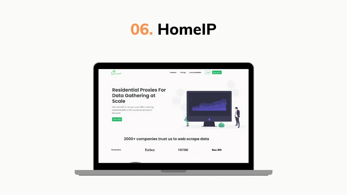 HomeIP website screenshot on a laptop advertising residential proxies for data gathering at scale