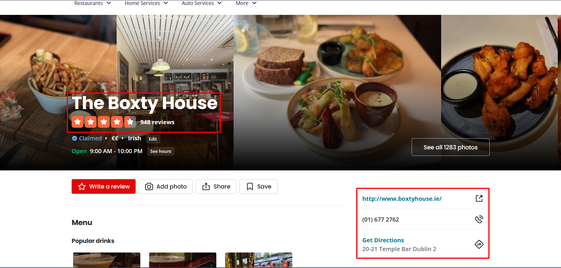 Yelp business page with highlighted areas for the restaurant name, rating, and contact information