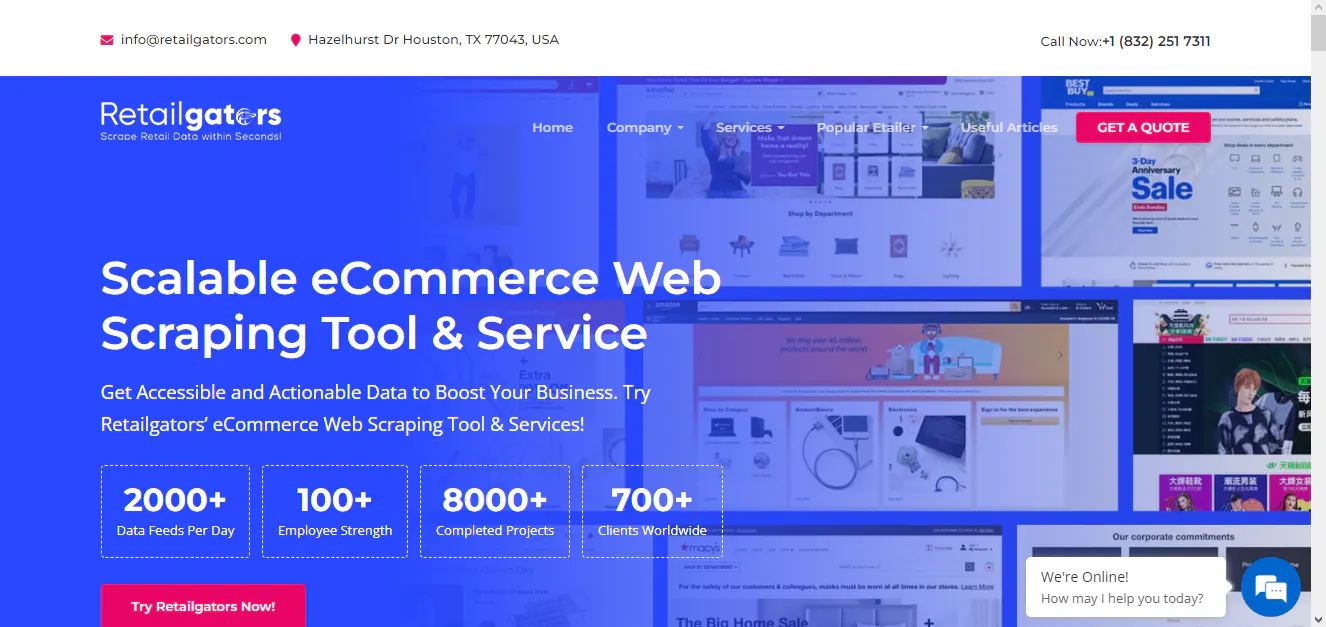 Retailgators landing page screenshot describing an ecommerce web scraping tool and service