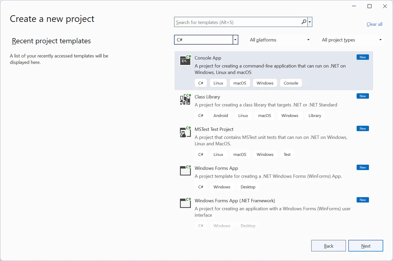Visual Studio 'Create a new project' dialog filtered to C# templates