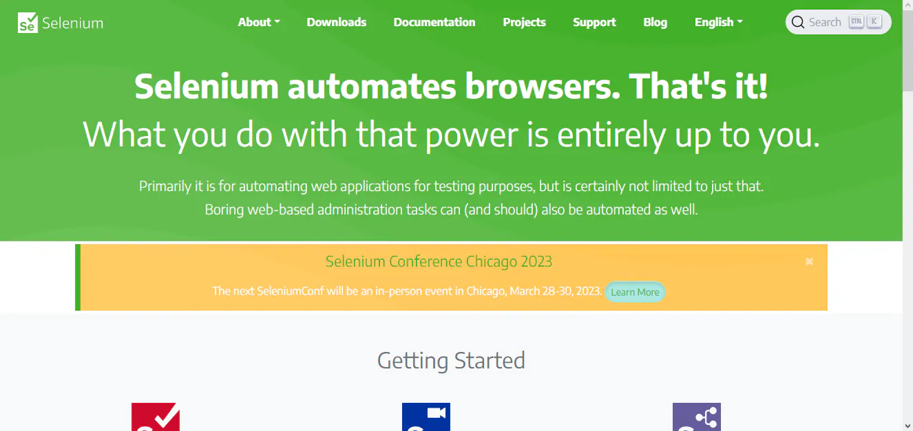 Selenium website homepage with headline about automating browsers and navigation links
