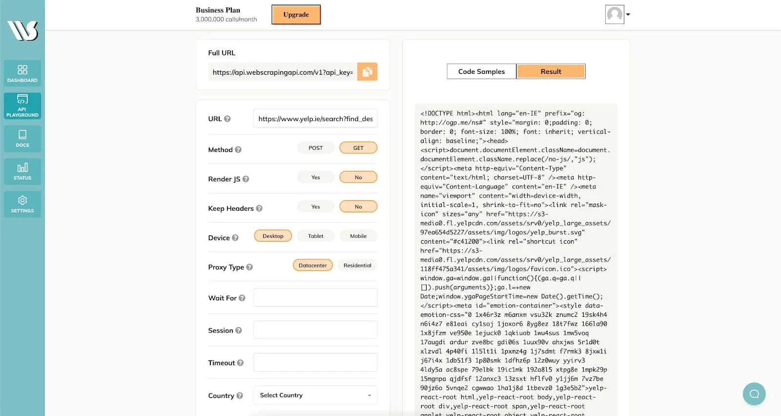 WebScrapingAPI API Playground showing the HTML result of a Yelp search request