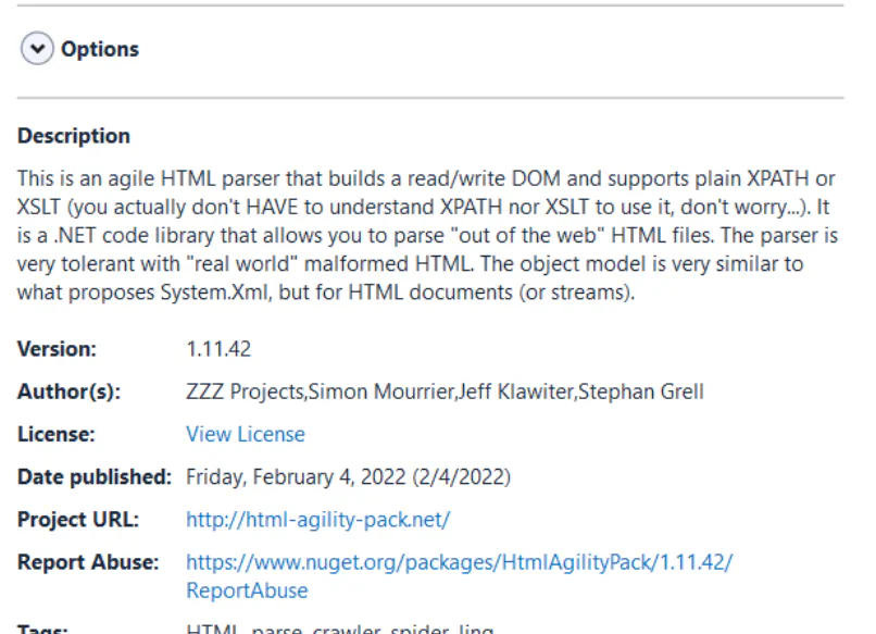 Html Agility Pack package details page with version and project information