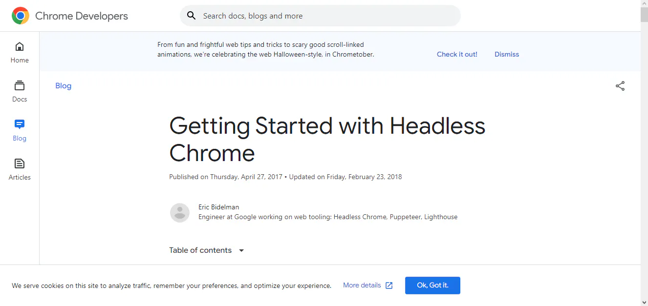 Chrome Developers blog page screenshot about getting started with headless Chrome