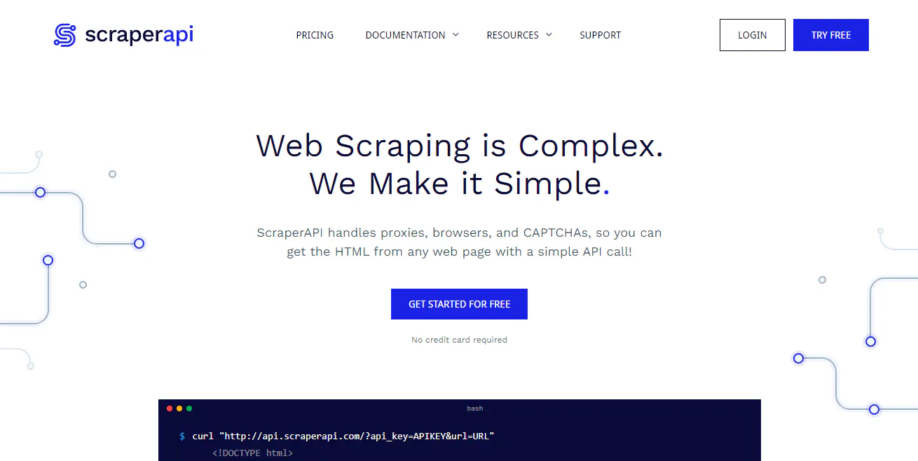 ScraperAPI homepage screenshot describing a web scraping API that handles proxies, browsers, and CAPTCHAs