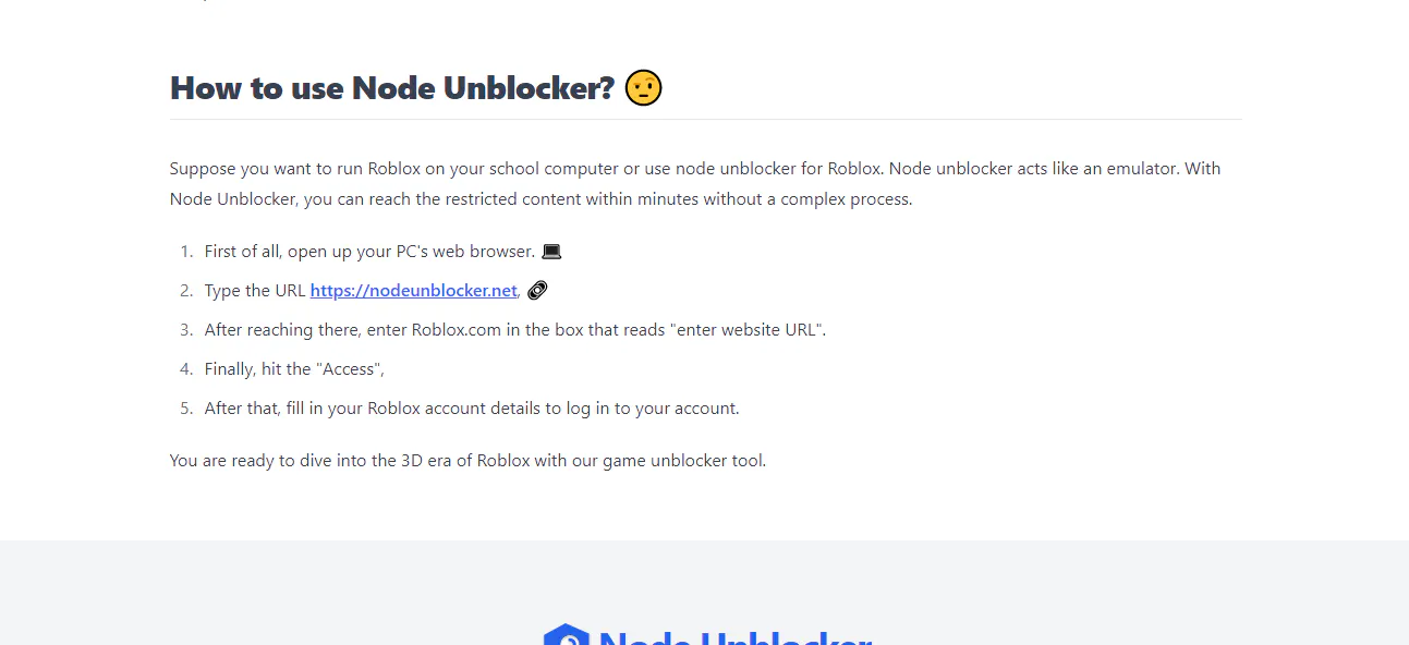 Step-by-step instruction page screenshot showing how to use Node Unblocker