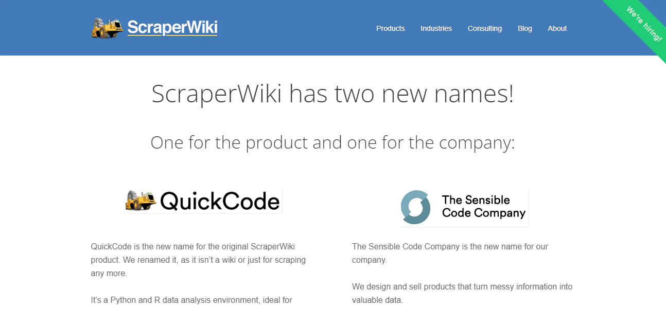 ScraperWiki announcement page screenshot showing the names QuickCode and The Sensible Code Company