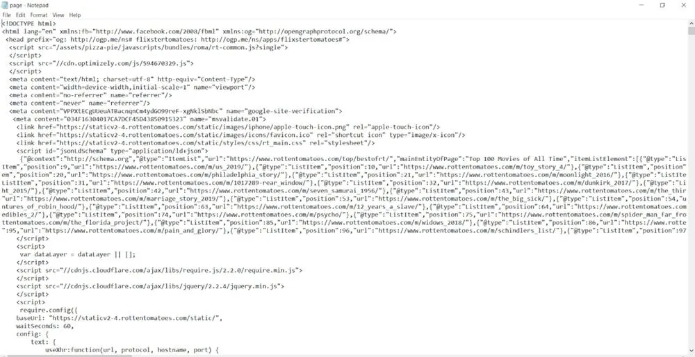 Notepad showing page source with JSON-LD list items for a top movies table