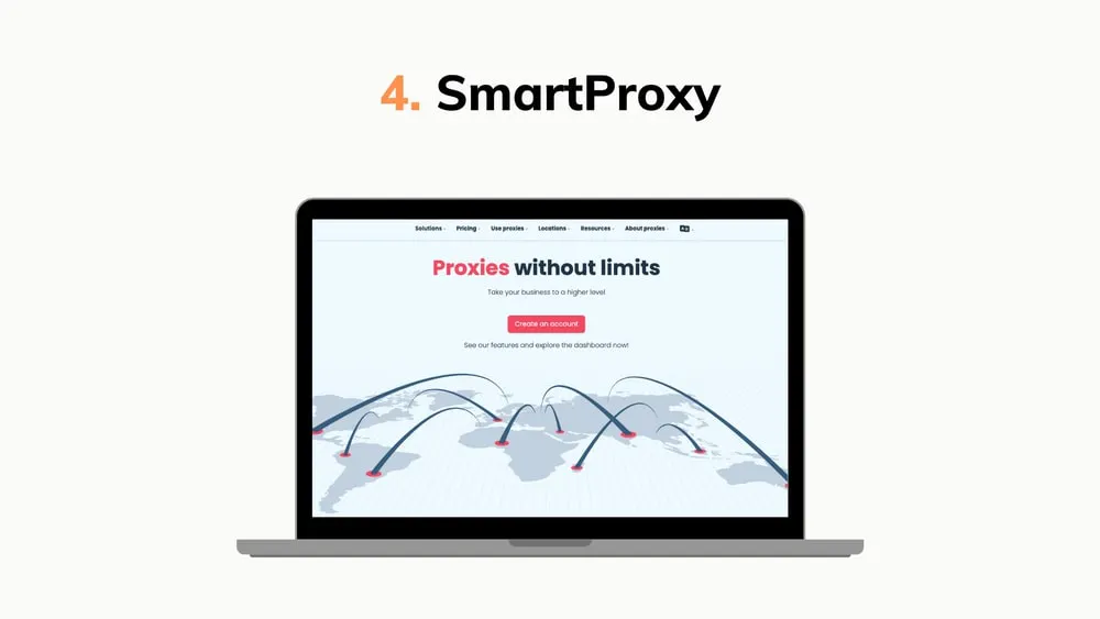 Graphic showing a laptop mockup with the Smartproxy landing page and a world map connection graphic