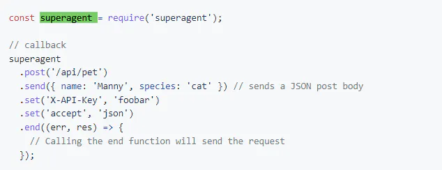 Code snippet showing a superagent POST request example with headers and a JSON body
