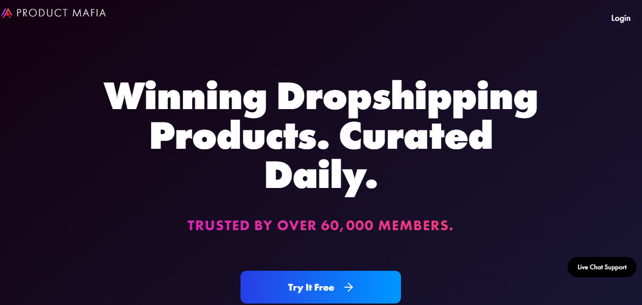 Product Mafia landing page screenshot promoting curated dropshipping products with a 