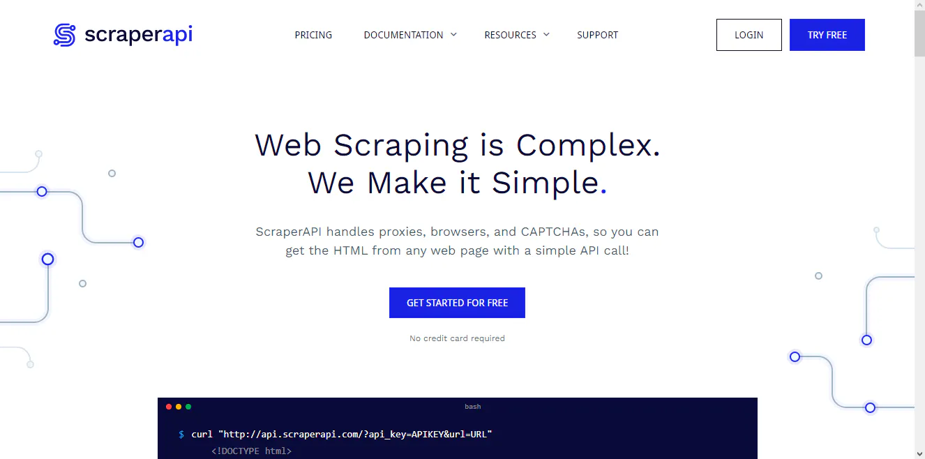 ScraperAPI homepage hero about simplifying web scraping with a Start for free button