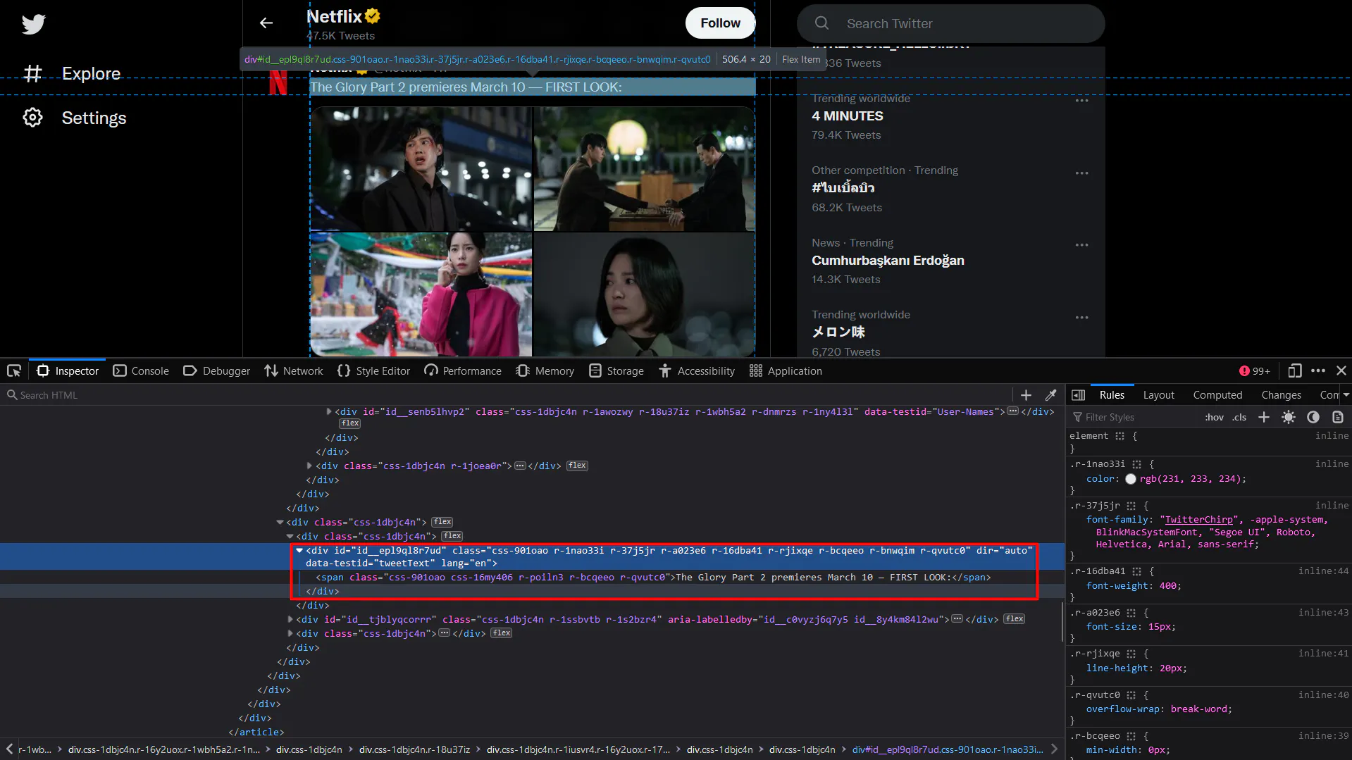 Twitter timeline with browser devtools highlighting the HTML element containing the tweet text