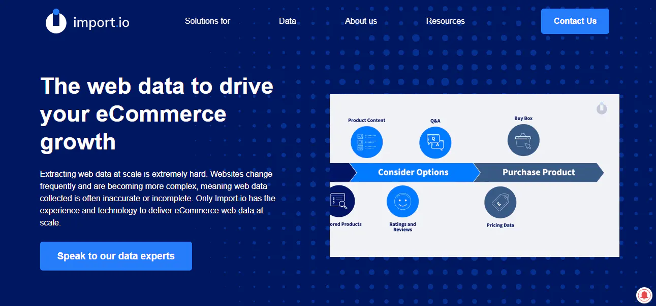 Import.io landing page about using web data for ecommerce growth with a diagram and a call-to-action button