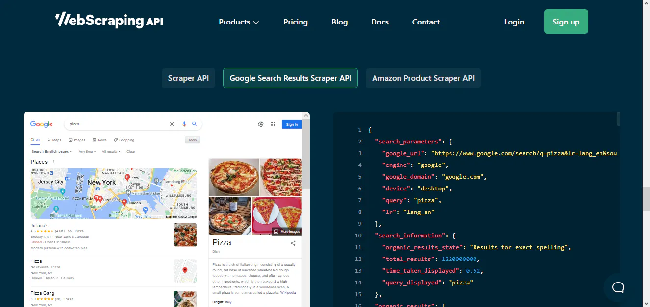 WebScrapingAPI page showing Google search results for pizza alongside a JSON API response preview