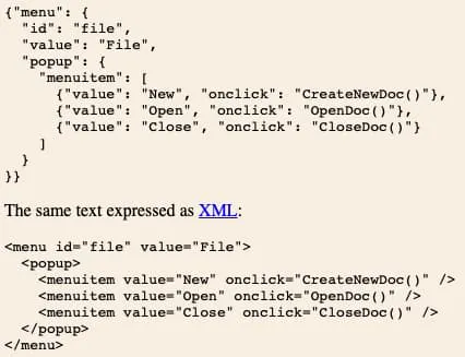 Example showing a JSON object and the equivalent XML representation