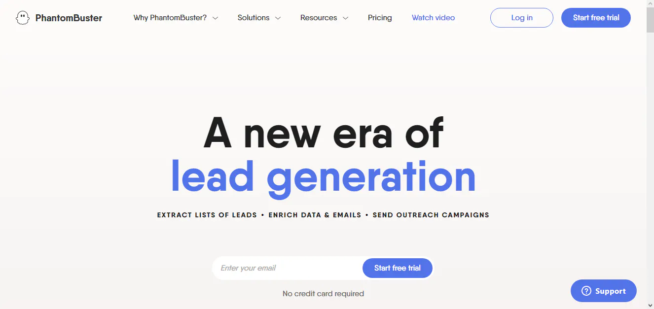 PhantomBuster homepage hero promoting lead generation with a start free trial form