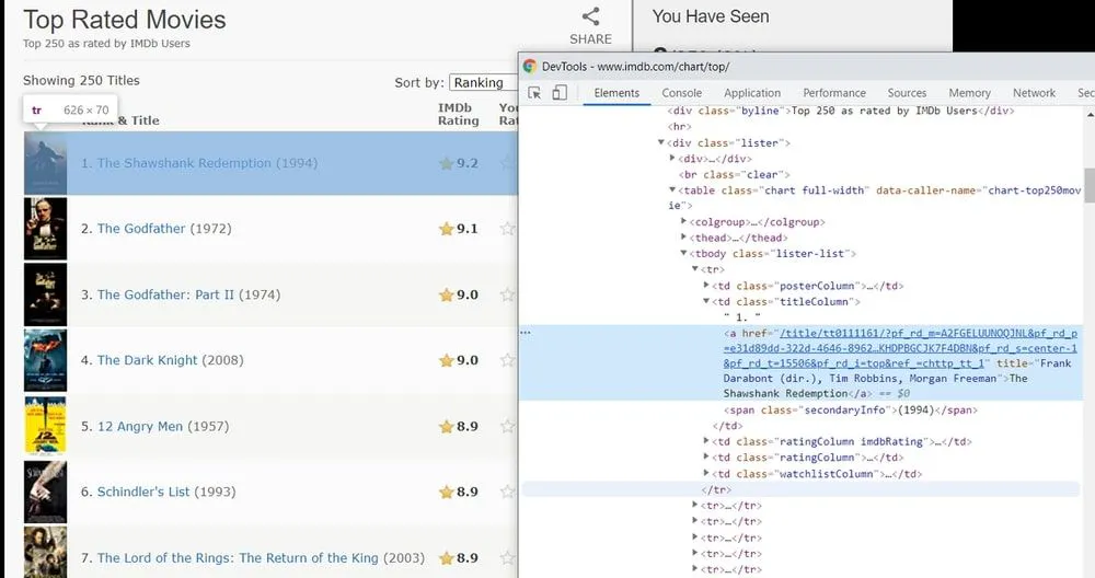 IMDb Top Rated Movies list with developer tools inspecting the HTML for a movie link