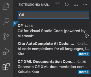 Visual Studio Code Extensions panel searching for C# extensions