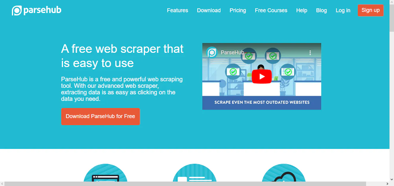 ParseHub homepage promoting a free web scraper, with a download button and a video preview