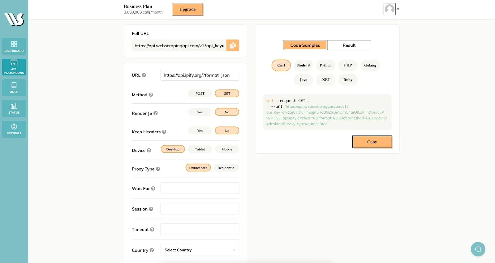WebScrapingAPI API Playground showing request options and a generated curl code sample with Copy button