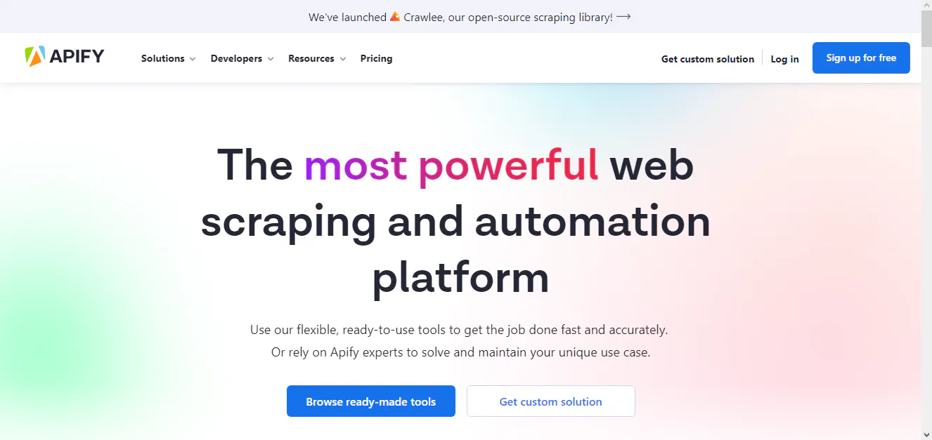 Apify landing page screenshot describing a web scraping and automation platform
