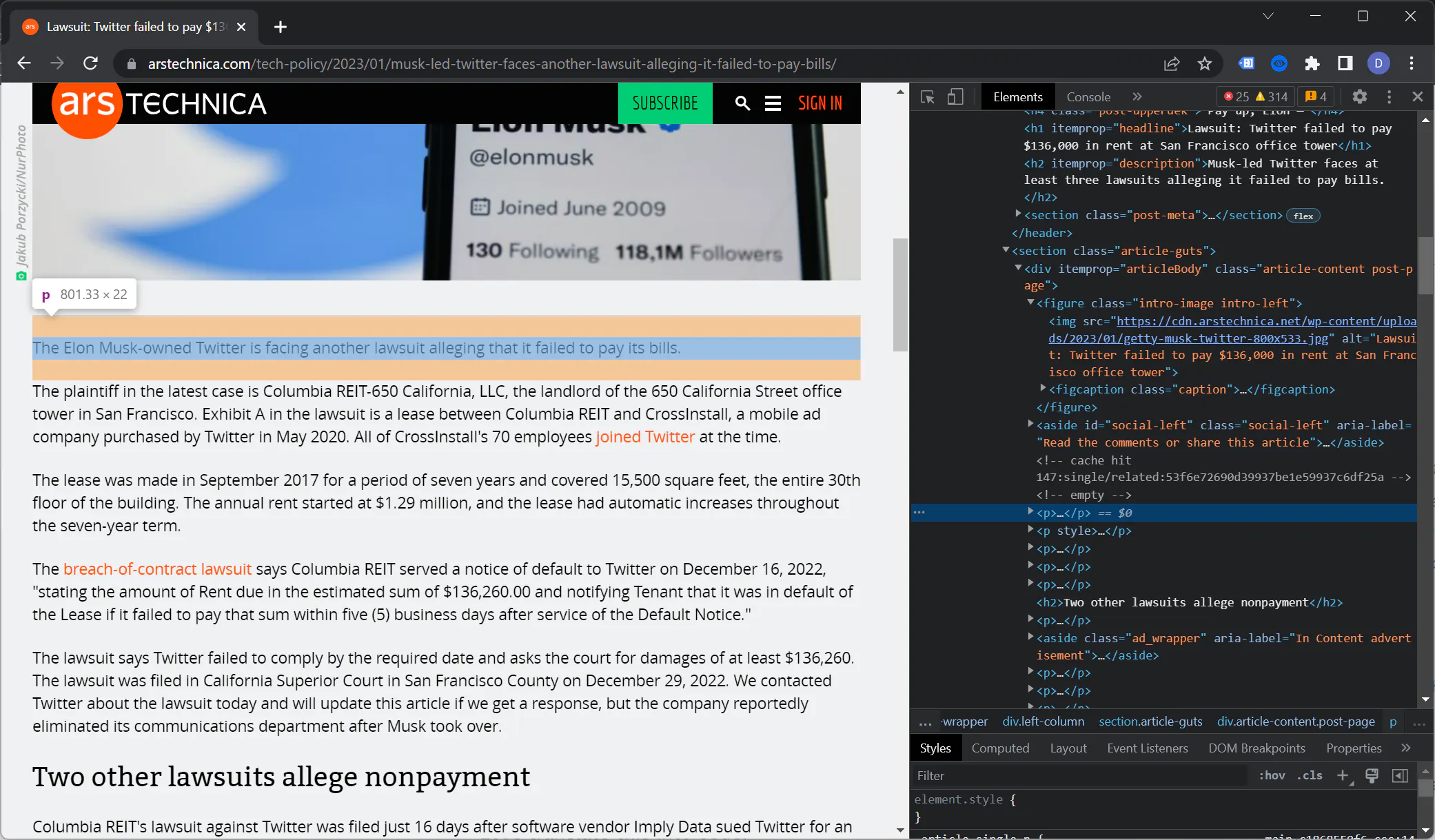 Ars Technica article text highlighted while Chrome DevTools Elements panel selects a paragraph node