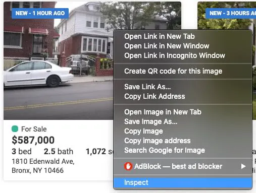 Browser right-click menu on a real estate listing image with Inspect highlighted