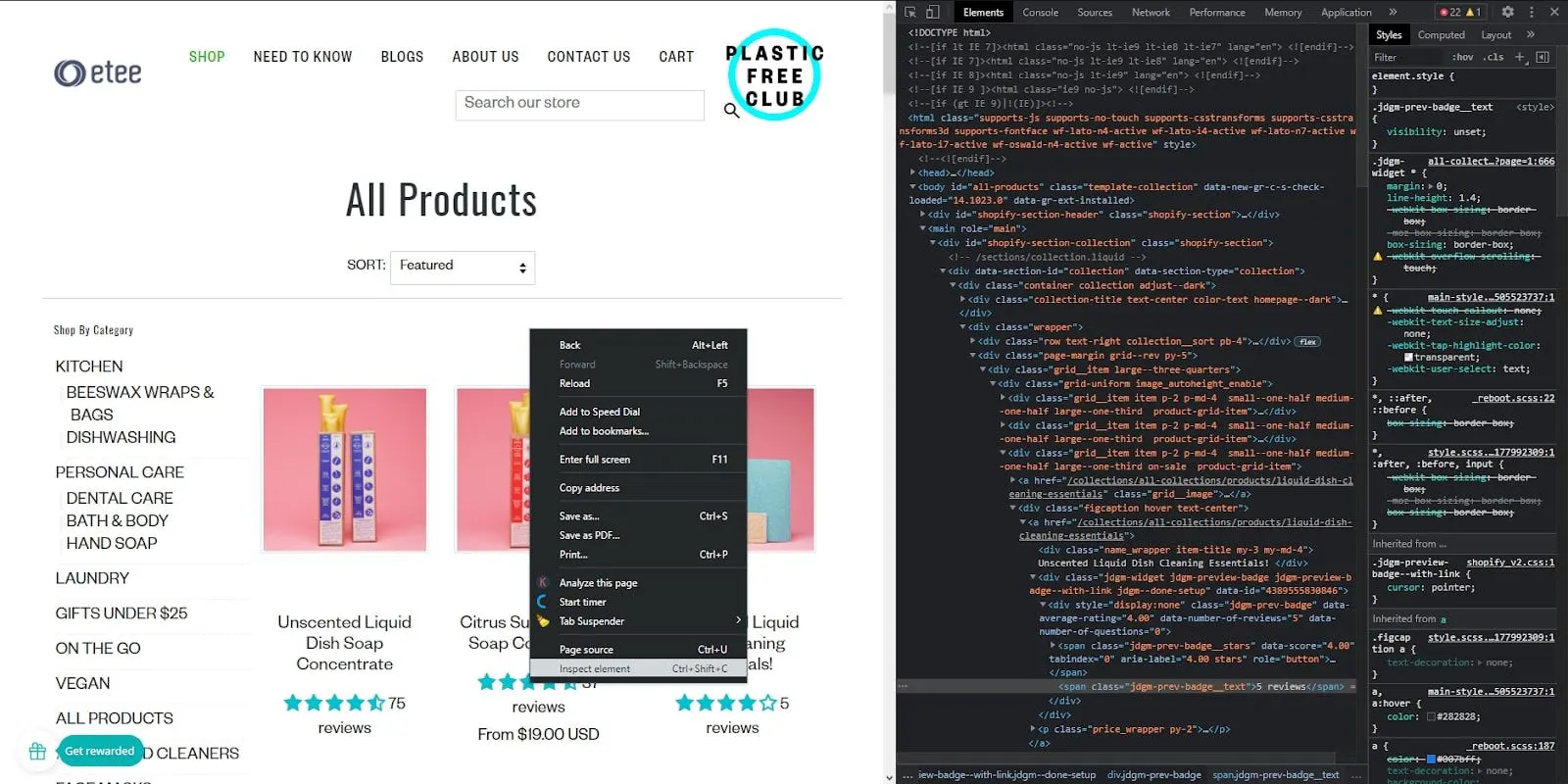 E-commerce products page opened with developer tools and the Inspect element context menu
