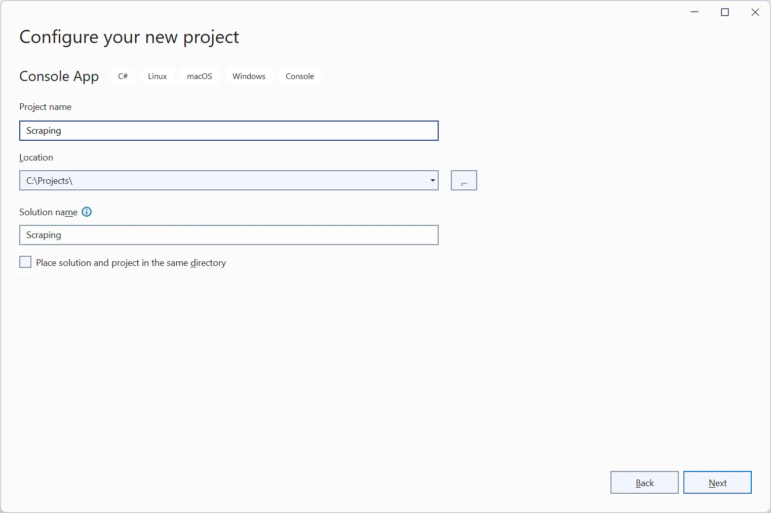 Visual Studio 'Configure your new project' dialog showing project name and location fields for a C# console app